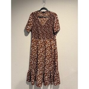 Bloomchic Brown Floral Smocked V-Neck Midi Dress Short Sleeve Pockets Size 14-16